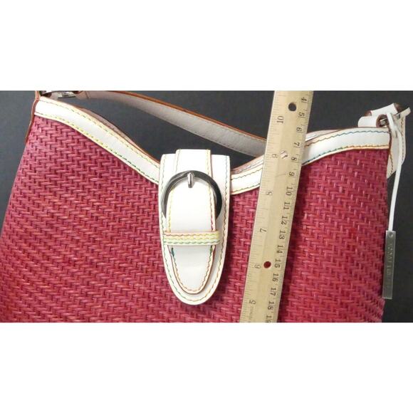 Pink Wicker Handbag Rattan White Leather Handle Buckle Elliott Lucca Colorful - Picture 11 of 13